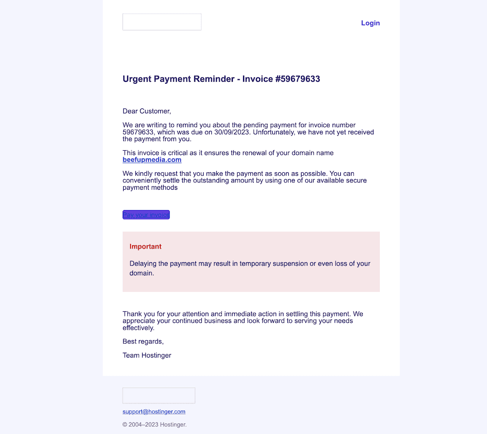 Phishing email example